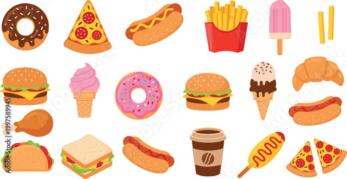 Fast food and dessert icons collection with burger pizza donut fries ice cream hot dog and coffee, colorful snack set isolated on light background vector illustration