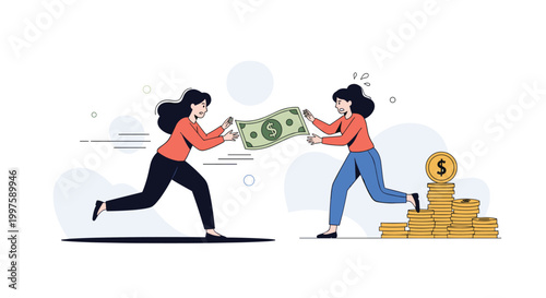 Two angry women running and fighting over a green dollar bill representing greed competition and financial conflict between individuals.