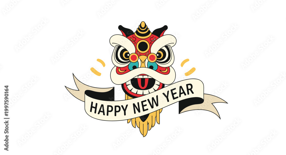Fototapeta premium Colorful traditional lion dance head illustration with a Happy New Year ribbon celebrating Chinese lunar festival culture and heritage.