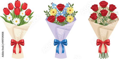 Flower bouquets collection with roses tulips and mixed blossoms, romantic floral arrangements wrapped in paper with ribbons isolated on light background vector illustration