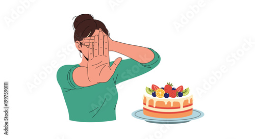 Determined young woman covering her eyes and showing a stop gesture to refuse a delicious fruit cake for diet and healthy lifestyle choices.