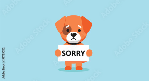 Cute cartoon puppy with a sad expression holding a white sign that says sorry against a light blue background for apology concepts.