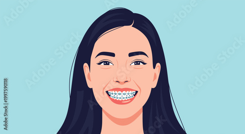 Happy young woman with long dark hair smiling confidently and showing her dental braces against a light blue background for orthodontic care.