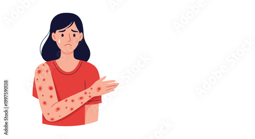 Concerned young woman looking at a red itchy skin rash on her arm representing allergy, dermatology problems, or viral infection symptoms.