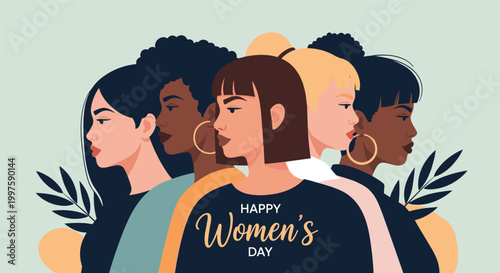 Group of diverse women standing together in a supportive community for Happy Women's Day celebration of gender equality and empowerment.