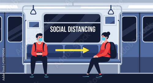 Illustration of two passengers wearing face masks while maintaining social distancing on a subway train during a pandemic for public safety guidelines.
