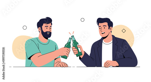 Two happy male friends toasting with green beer bottles while sitting at a bar and enjoying their time together during a social meeting.