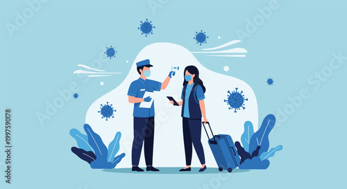 Security officer checking the temperature of a traveler with a non contact thermometer at the airport during a pandemic for health screening.