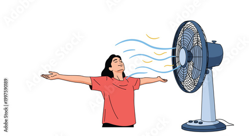 Relieved young woman standing in front of an electric fan with open arms to cool down during a hot summer day for heat relief concepts.