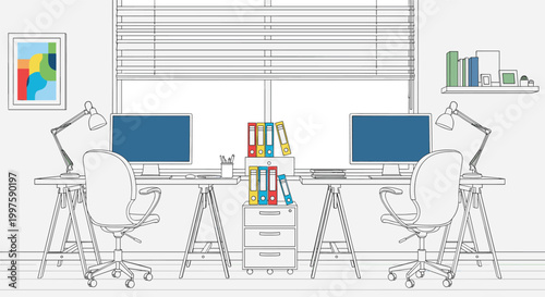 Detailed linear outline illustration of a modern double desk office workspace with computers, chairs, lamps, and storage for professional business concepts.