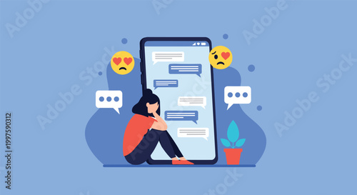 Sad young girl sitting on the floor next to a large smartphone with many notifications feeling lonely and overwhelmed by social media pressure.