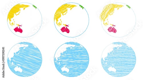 Globe World Rotating on Transparent Background Seamless Loop - 3 Scribble Variations - 3 Land Ocean Variations