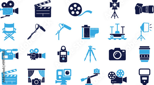 Filmmaking and video production equipment icons camera movie making and cinema flat design.