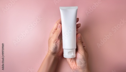 hand holding white cosmetic tube on pastel pink background beauty product mockup for skincare and branding presentation