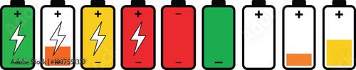 battery charge level icon set with power indicators, electricity symbols and charging status elements isolated transparent background,