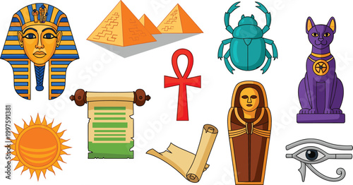 Ancient Egypt Artifacts and Symbols Including Pyramids, Pharaoh, Scarab, Ankh, Eye of Horus, Sphinx, and Hieroglyphs for Historical and Cultural Designs