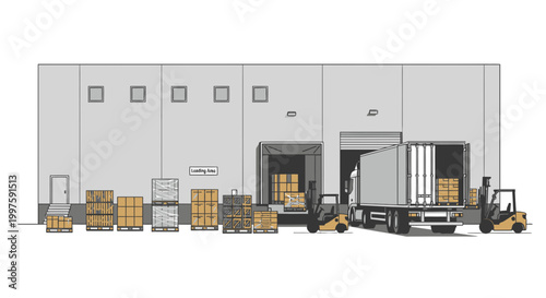 Logistics Hub: Warehouse Loading Dock with Forklifts and Delivery Truck