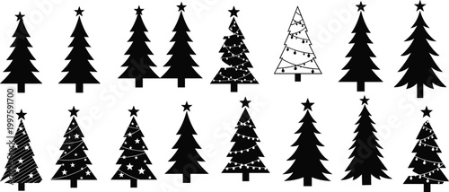 Christmas tree silhouette collection with decorated fir shapes, holiday pine icons isolated on white background festive vector illustration set