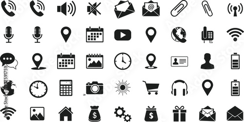 Communication and multimedia icon set with phone, email, calendar, location and media symbols isolated on white background vector illustration