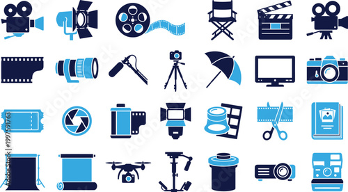 Filmmaking equipment icons for cinema production video recording and photography gear.