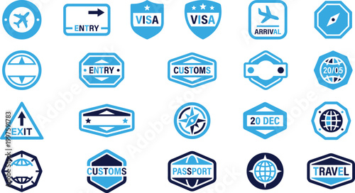 Travel and customs icons for airport security immigration and international border crossing.
