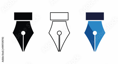 Fountain Pen Nib Icon Set in Black Silhouette, Outline and Blue Flat Design for Writing Calligraphy and Design Vector Icons
