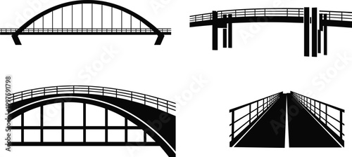 Bridge silhouette collection with arch and modern structures, pedestrian walkway perspectives isolated on white background vector illustration set
