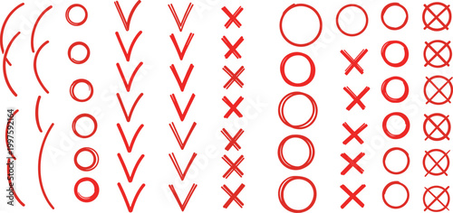 Red hand drawn brush stroke check mark cross and circle vector set featuring various textured symbols for correction error and validation icons on white background.