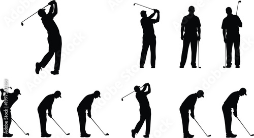Golf player silhouette set showing swing, putting and stance positions, professional golfer actions isolated on white background vector illustration
