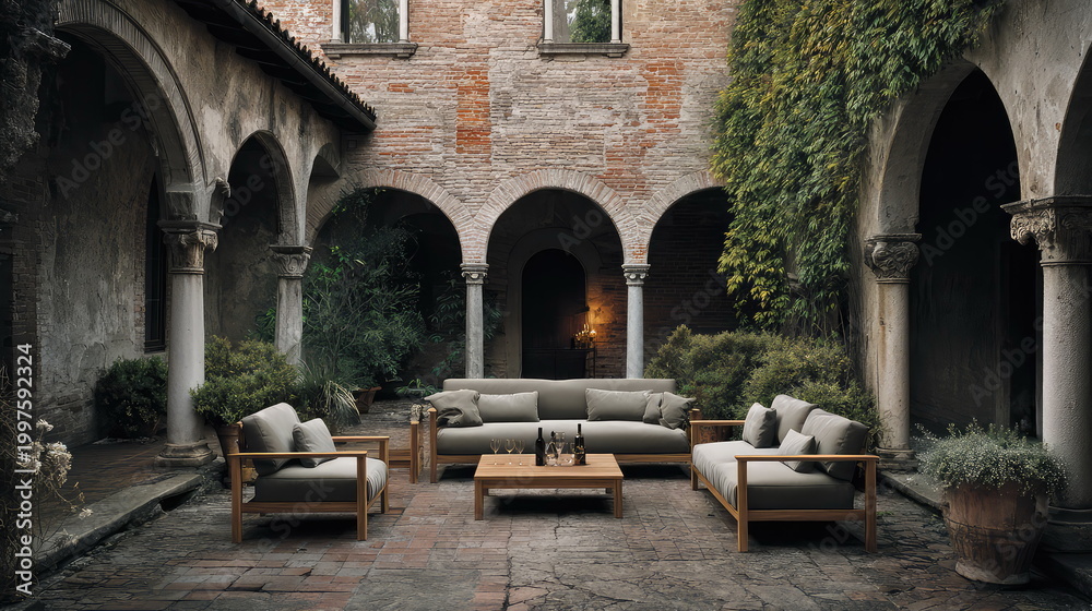 Obraz premium Open air courtyard inviting relaxation, featuring comfortable outdoor sofa and armchairs, a wooden coffee table with beverages, surrounded by historic brick walls, green foliage, and classic arches