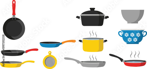 Colorful Kitchen Cookware and Pan Set Flat Vector Collection with Frying Pan Cooking Pot Bowl Various Sizes and Colors for Kitchen and Cooking Design