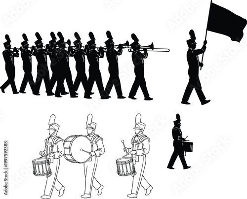 Marching Band Parade Silhouette Collection with Musicians, Drummers and Flag Bearer Isolated on White Background