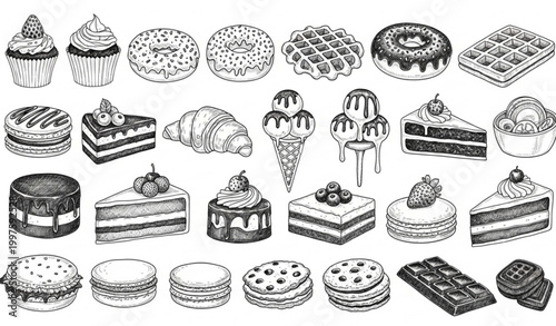 Hand drawn dessert sketch vector set with sweet bakery food illustrations collection