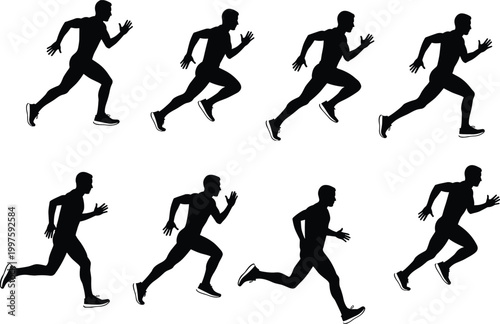 Running athlete silhouette set with sprint poses, fitness training and jogging figures isolated on white background vector illustration collection