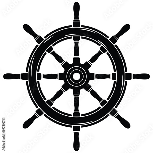 Nautical ship steering wheel silhouette icon for marine navigation and sailing logo