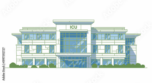 Modern Hospital Building Exterior with Glass Facade and Landscaping