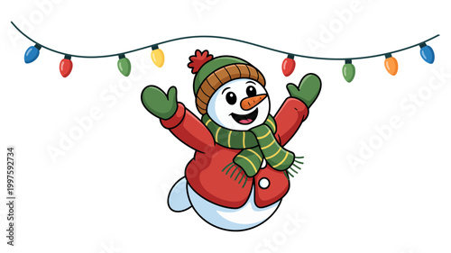 Joyful cartoon snowman in a red jacket and green scarf with christmas lights holiday lights winter character