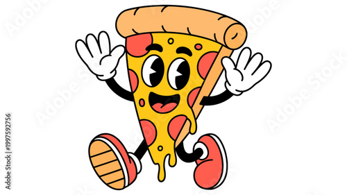 Dancing pizza slice with vintage cartoon style pepperoni character illustration background anthropomorphi