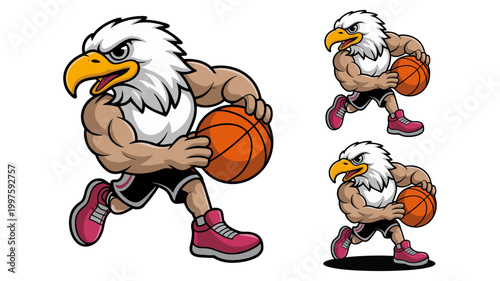 Muscular eagle mascot playing basketball with basketball muscular character illustration background