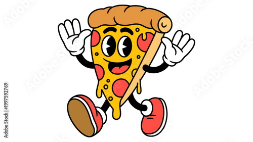 Happy slice of pizza character dancing with pepperoni character illustration background anthropomorphic