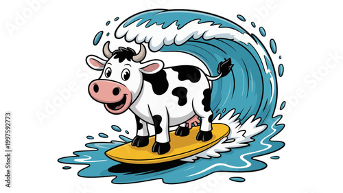 Cow surfing on a wave with surfboard vacation activity character illustration livestock anthropomorphic
