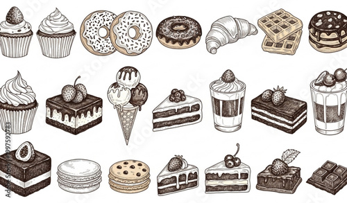Sketch style sweet dessert food icons collection with hand drawn bakery treats vector