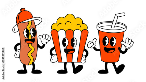 Cartoon hot dog popcorn soda characters enjoying a meal together with character anthropomorphic refreshment