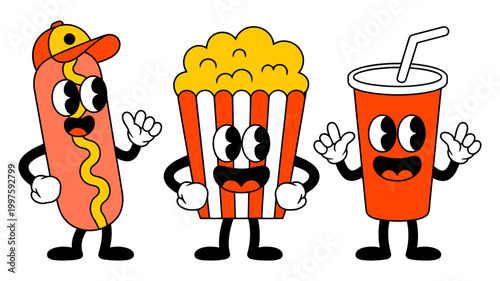 Funny cartoon hot dog popcorn soda characters waving hello character anthropomorphic refreshment