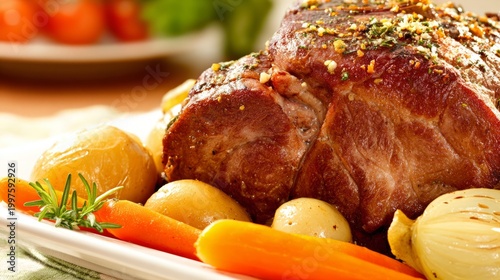 pork. A close-up of roasted pork with vegetables, presented on a rustic table with warm, inviting lighting. menu design.
