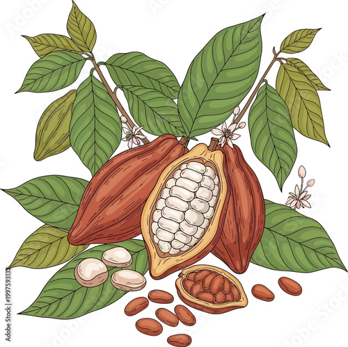 Exotic cocoa pods with vibrant green leaves and delicate white flowers showcasing raw beans and split fruit revealing creamy pulp illustrating the origin of chocolate and natural
