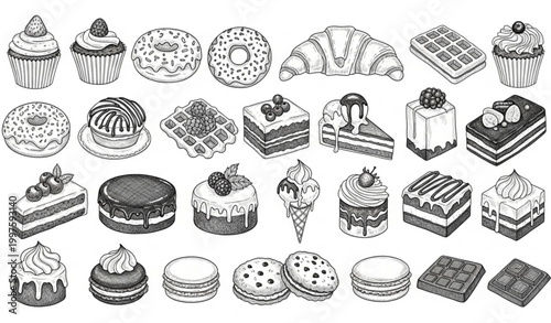 Vintage sketch dessert collection with hand drawn sweet food vector illustrations