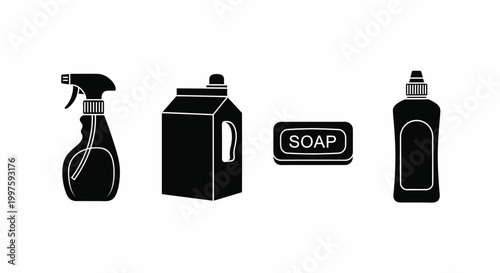 Cleaning Products Icon Set with Spray Bottle, Detergent Box, Soap Bar and Liquid Cleaner Bottle Black Silhouette Icons
