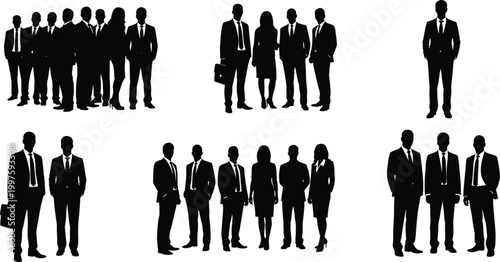 Black silhouettes of professional business people and corporate groups in formal suits standing in different poses isolated on white background.