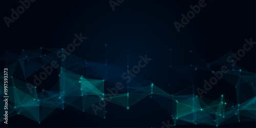 Dark teal and blue abstract futuristic glowing geometric plexus network landscape background, digital data communication nodes graphic resource for modern cyber technology and artificial intelligence